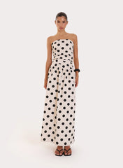Polka Dot Printed Linen Blend Bandeau Maxi Dress