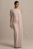 Brenda Champagne Crew Neck Maxi Dress With Mesh Cape And Sash
