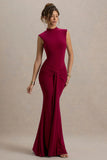Graziana Burgundy High Neck Gathered Draped Maxi Dress