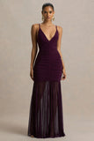 Pasqualina Plum Ruched Plunge Neck Maxi Dress