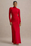 Alluring Red High Neck Maxi Dress With Ruched Detailing