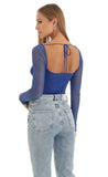Glitter Mesh Long Sleeve Bodysuit in Blue