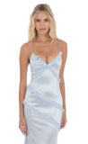 Satin V Neck Ruffle Mermaid Maxi Dress in Light Blue
