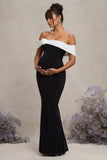 In Bloom Black White Bardot Maternity Maxi Dress With Flower
