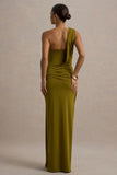 Erminia Olive Green One Shoulder Twist Wrap Maxi Dress