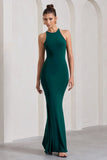 Brianna Bottle Green Sleeveless Halter Neck Open Back Maxi Dress