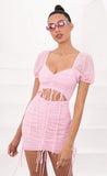Ruched Cutout and Ties Dress in Pink Dotted Chiffon