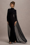 La Nuit Black High Neck Long Sleeve Maxi Dress With Cape