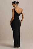 Tulisa Black Asymmetric Neck Maxi Dress With Twist Sleeves And Ruched Detailing