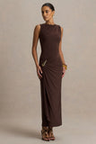 Fiora Brown Wide Neck Maxi Dress With Gathered Detail