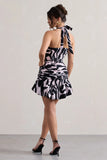 Zahra Zebra Print Halter Neck Ruched Mini Dress With Ruffle Hem