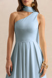 Odette Powder Blue Asymmetric Neck Midi Dress With Scarf