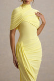 Enchant Lemon Asymmetric Twisted Cape Midi Dress