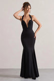 Plaza Black Plunge Halter Neck Fishtail Maxi Dress