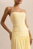 Nicolette Lemon Square Neck Maxi Dress With Ruched Detailing