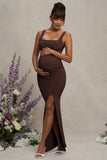 Avril Brown Square Neck Maternity Maxi Dress with Split