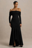 Everlasting Black Bardot Neck Maxi Dress With Pleated Detailing