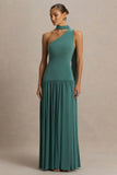 Freesia Teal Asymmetric Neck Maxi Dress With Scarf Detail