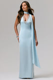 True Icon Powder Blue Satin V Neck Maxi Slip Dress With Sash