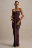 Ali Warm Brown Sweetheart Ruched Wrap Maxi Dress