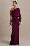 Lola Burgundy Asymmetric Neck Maxi Dress With Ruched Detailing And Front High Split