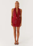 Olisa Cowl Neck Beaded Mini Dress Red