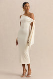 Arcelia Cream Asymmetric Neck Midi Dress With Knot Sleeve Detail