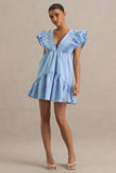 Judie Blue Poplin V Neck Ruffled Mini Dress