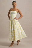 Bluebell Lemon Porcelain Print Poplin Bandeau Drop Waist Midi Dress