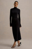 Cassandra Black High Neck Long Sleeve Midi Dress