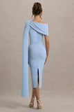 Niamh Powder Blue Asymmetric Midi Dress With Drape