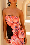 Sofiane Black Pink Floral Print Bandeau Maxi Dress