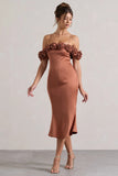 Petunia Rust Satin Floral Bardot Midi Dress