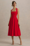 Auburn Red Halter Skater Midi Dress