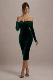 Compliment Bottle Green Velvet Bardot Midi Dress