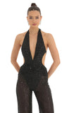Sequin Plunge Halter Jumpsuit in Black