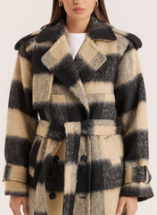 Black Beige Check Longline Belted Trench Coat