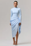 Raffie Powder Blue Long Sleeve Midi Dress With Satin Wrap Skirt