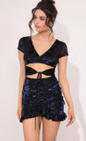 Tie Cutout Ruffle and Ruched Dress in Navy Burnout