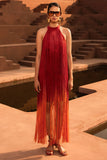 Alessia Orange Ombre Fringe High Neck Maxi Dress