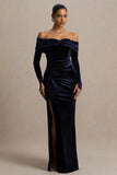 Countess Navy Velvet Bardot Neck Wrapped Maxi Dress With Front High Split