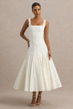 Magnolia White Scoop Neck Midi Dress With Drop Waist And Ruffling Detail