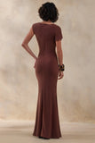 Blaire Brown Asymmetric Neck Maxi Dress With Gold Detailing