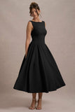 Muriel Black Boat Neck Volume Hem Midi Dress