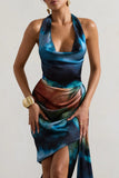 Bali Blue Blur Print Satin Cowl Neck Draped Midi Dress