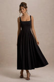 Parina Black Strappy Volume Hem Midi Dress