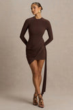 Calista Brown Crew Neck Mini Dress With Sash