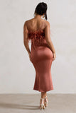 One And Only Rust Satin Feather Trim Bandeau Midi Dress