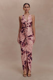Alessandra Slinky Ruffle Maxi Dress Pink Blurred Floral Print