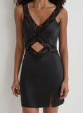 Black Satin Lace Slip Mini Dress
